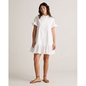 Quince Women Cotton Poplin Short Sleeve Ruffle Shirt Dress Classic White L